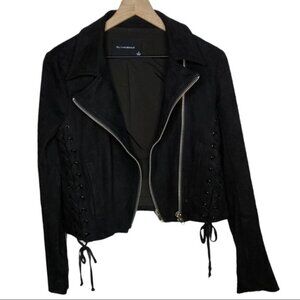𝅺olivaceous Double Zipper Faux Suede Lace Up Black Moto Jacket Size Small